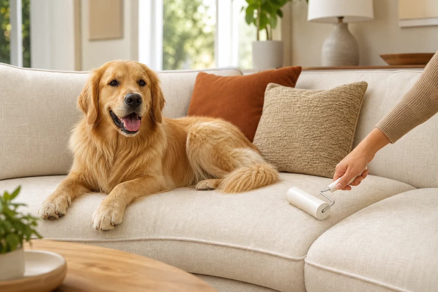 A fur-free living room with a happy golden retriever